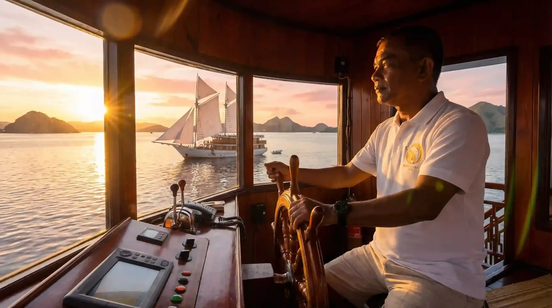 Captain at the helm of a phinisi at sunset