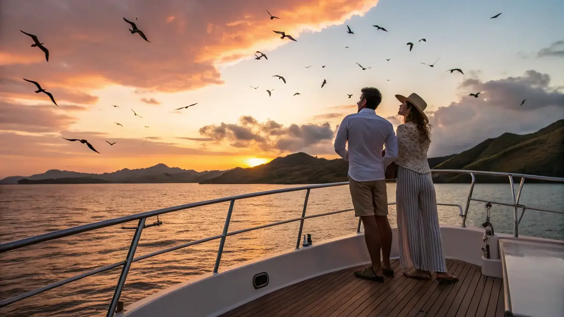 Couple on a yacht deck at sunset near Kalong Island as fruit bats fly over