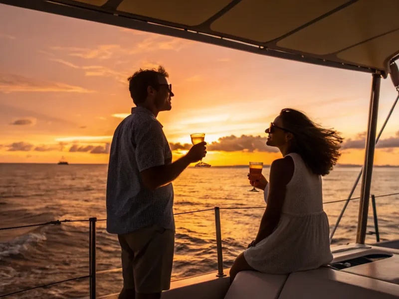 Couple with a sunset drink on a yacht deck in Komodo