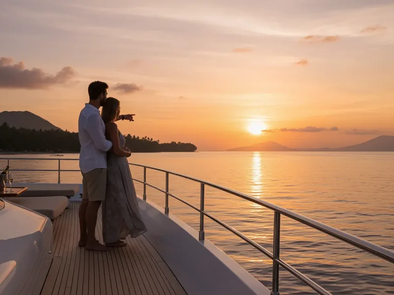 Couple on a yacht deck at sunset in Komodo National Park