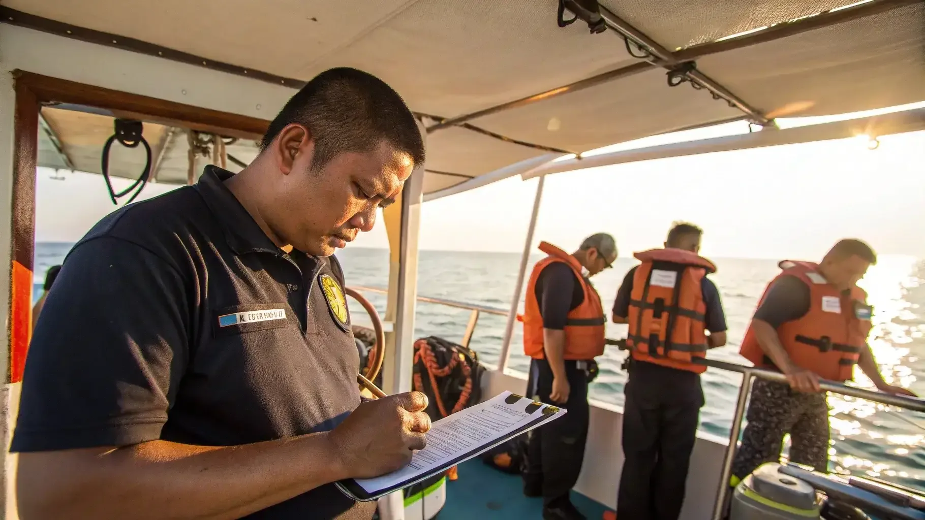 Crew member carrying out a safety check on board