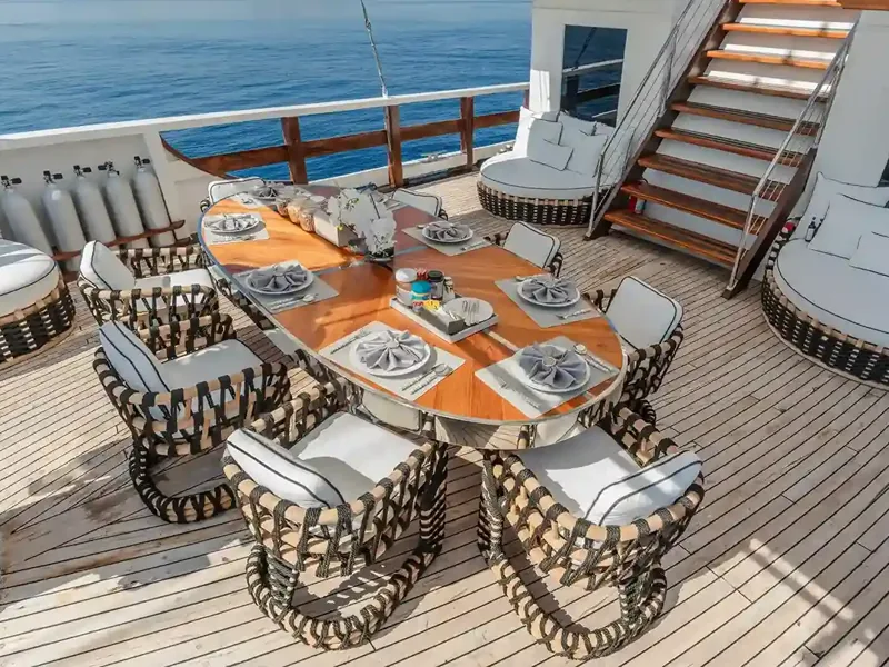 Dining set-up on the deck of a yacht