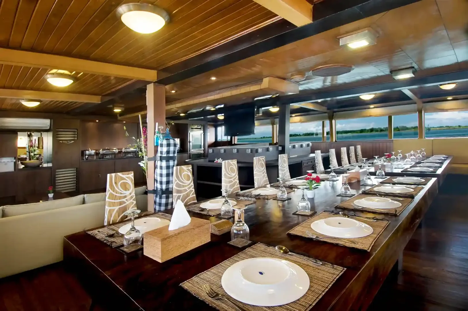 Indoor dining saloon of a luxury phinisi