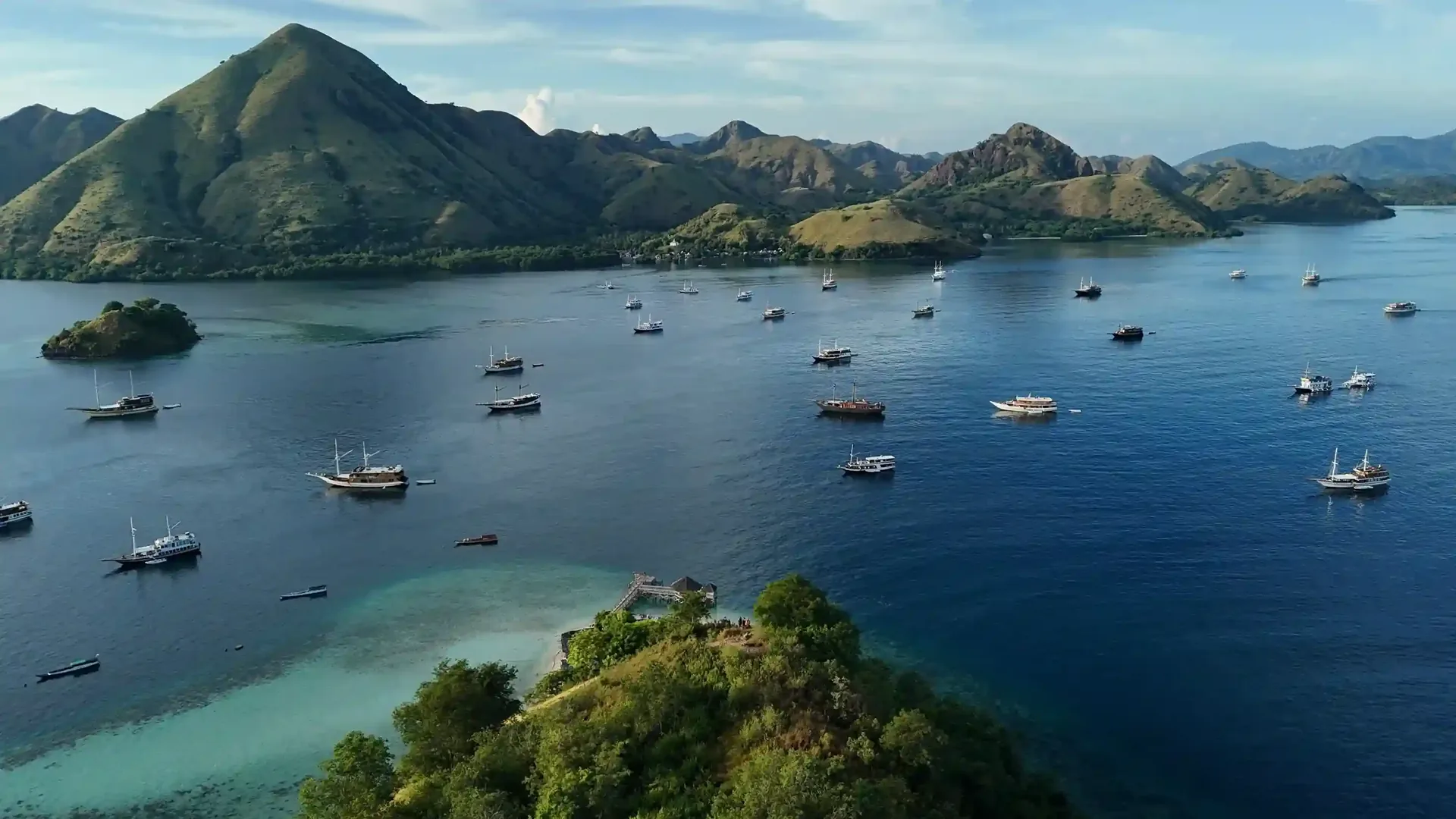 Aerial view of boats in a bay of Komodo National Park