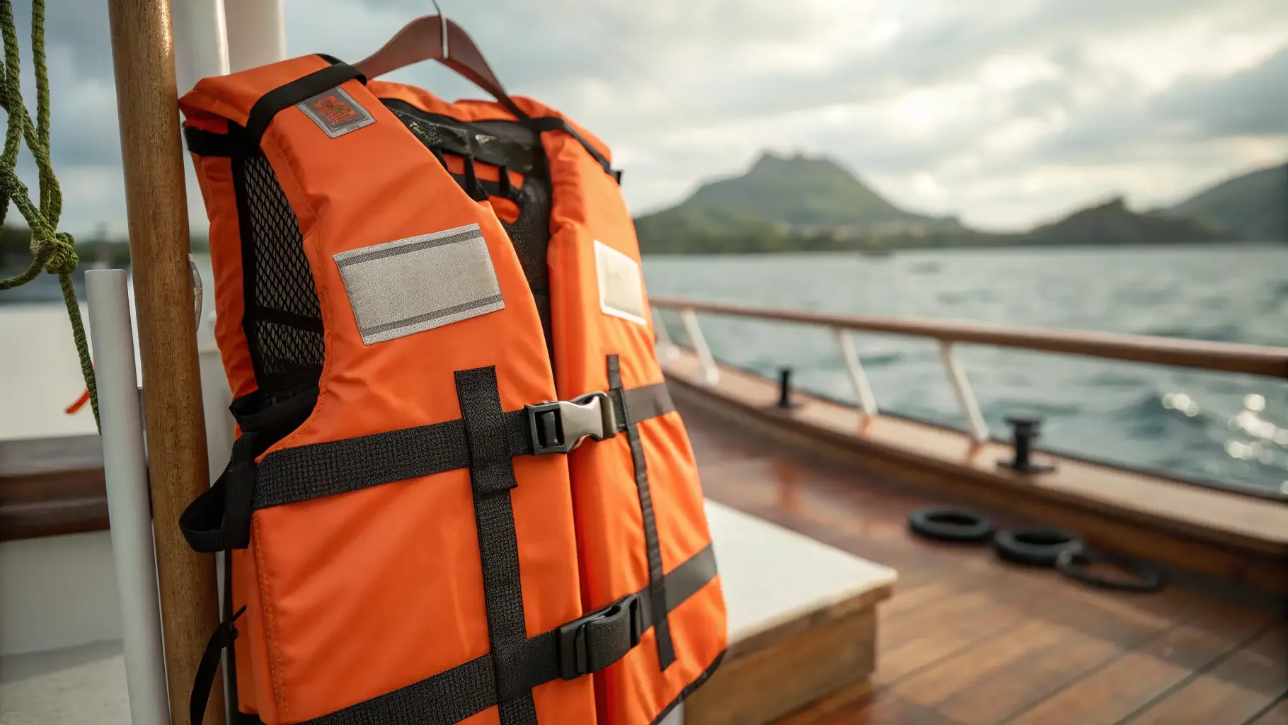 Life jacket on the deck of a boat, safety standard