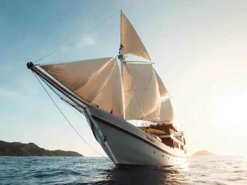 Bow of a phinisi under sail, Komodo