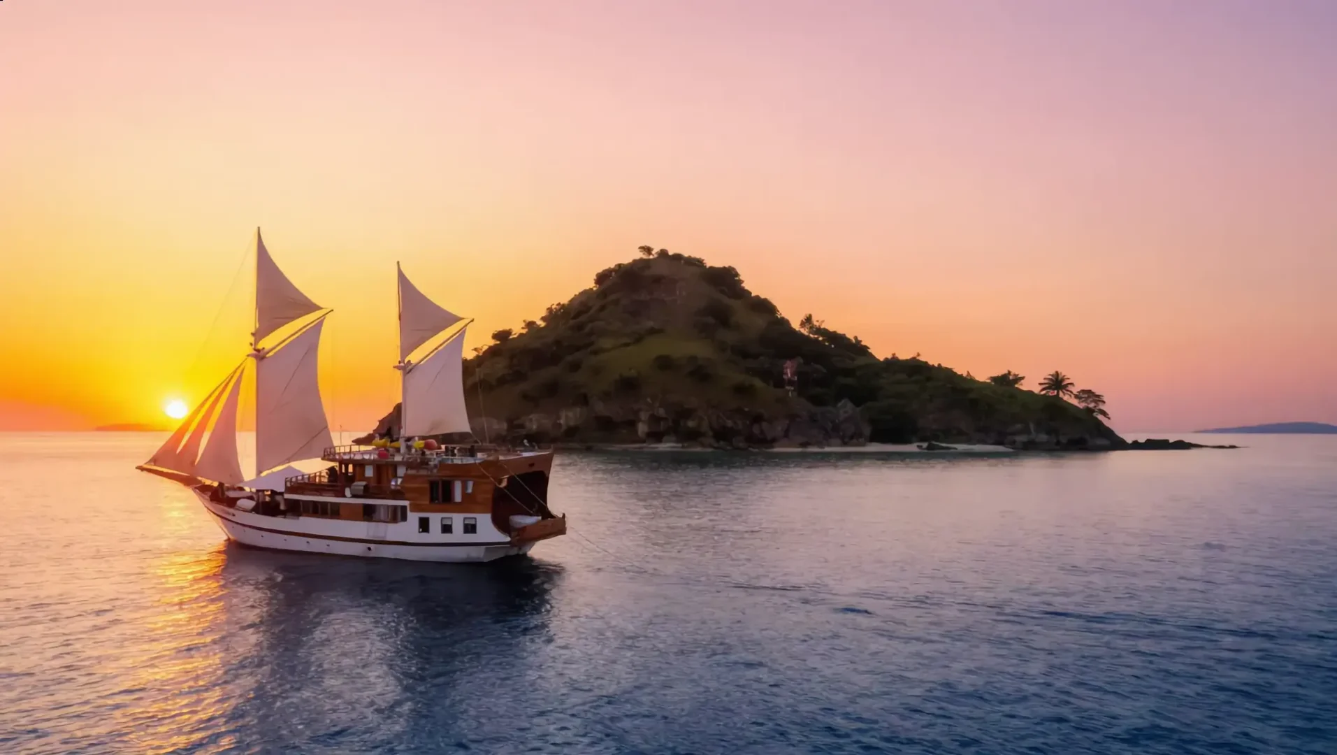 Phinisi at sunset in front of an island in Komodo