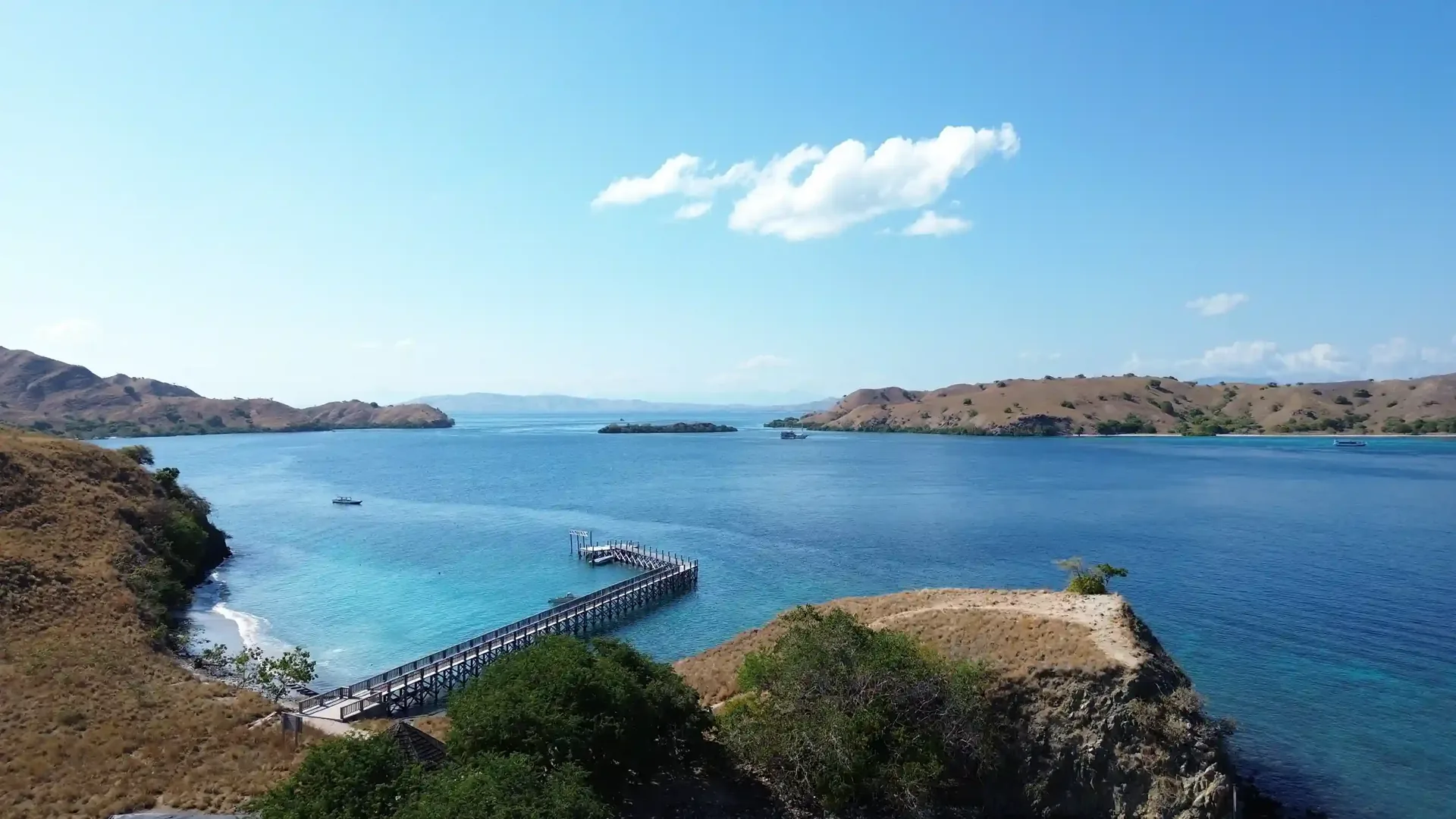 Aerial view of the bay at Pink Beach, Komodo