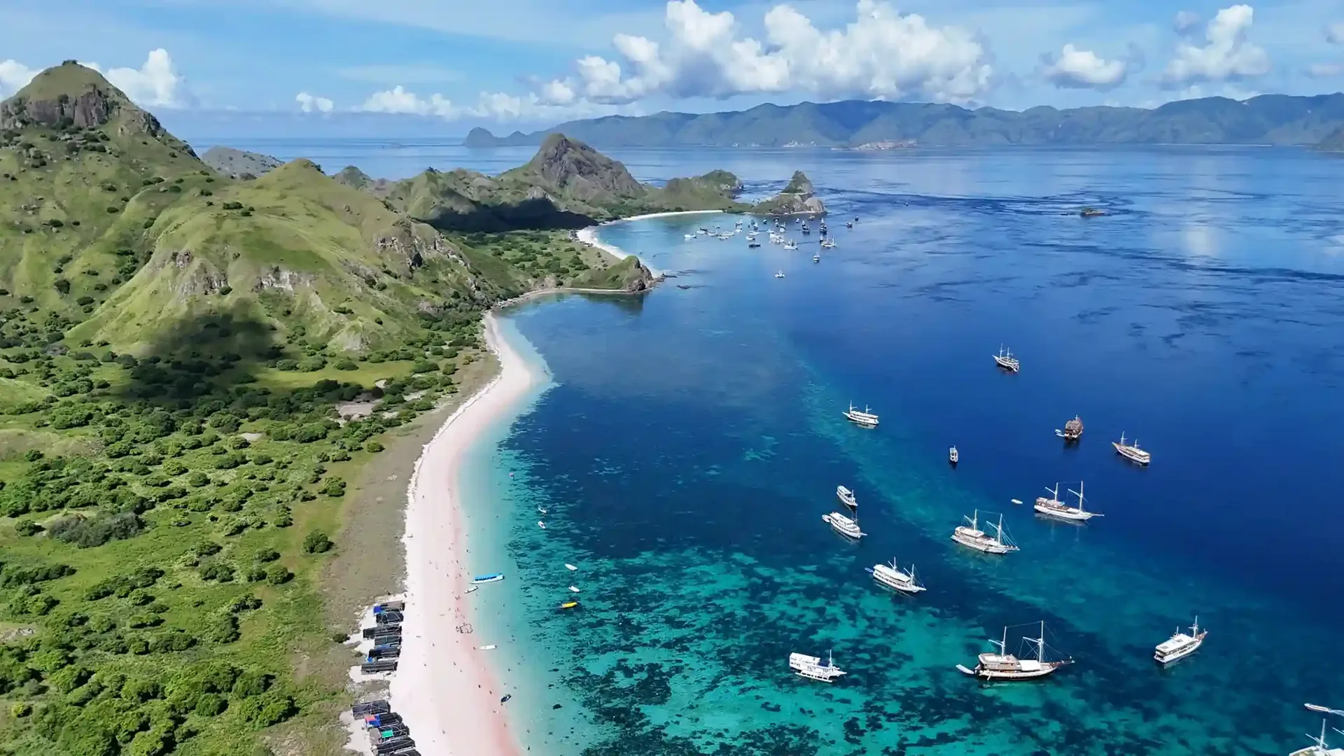 Boats anchored off Pink Beach, Komodo, from the air