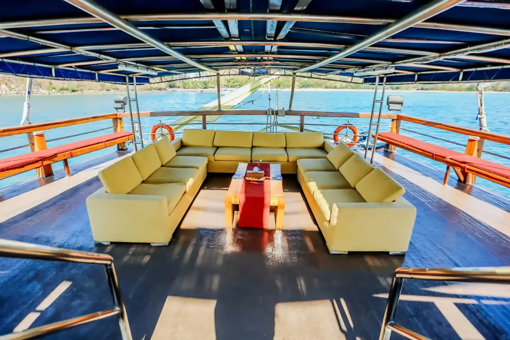 Shaded sundeck lounge on a phinisi in Komodo