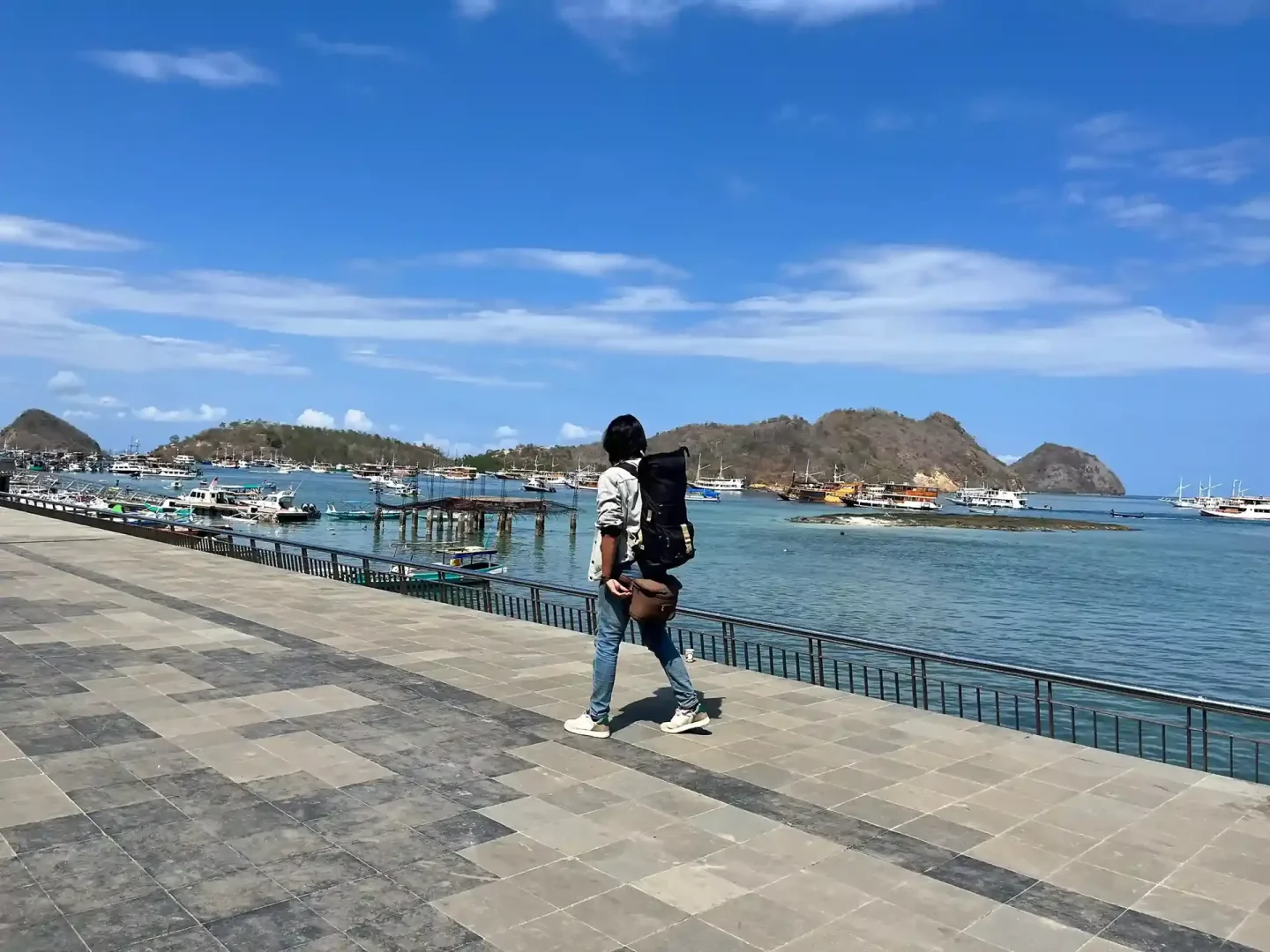 Traveller with a backpack at Labuan Bajo harbour