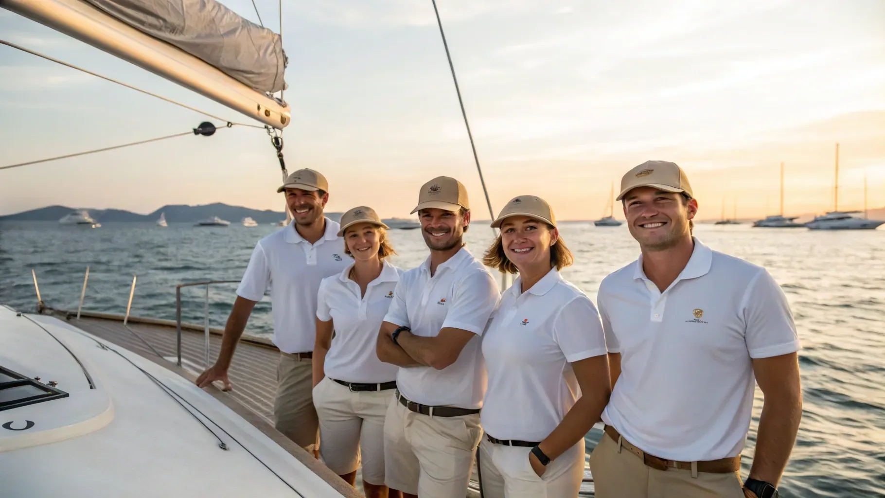 Crew lined up on the deck of a yacht