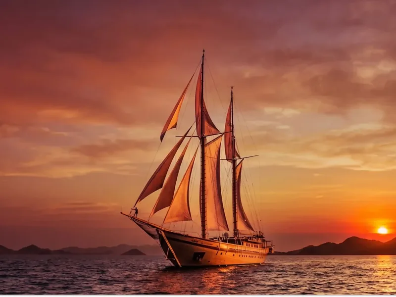 Luxury yacht at sunset in the waters of Komodo National Park